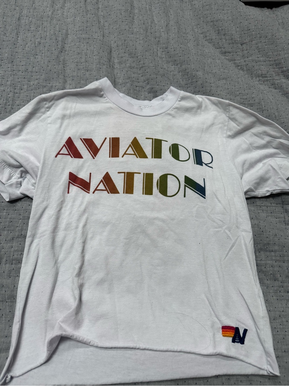 Aviator Nation White Tee with Rainbow Stencil Logo